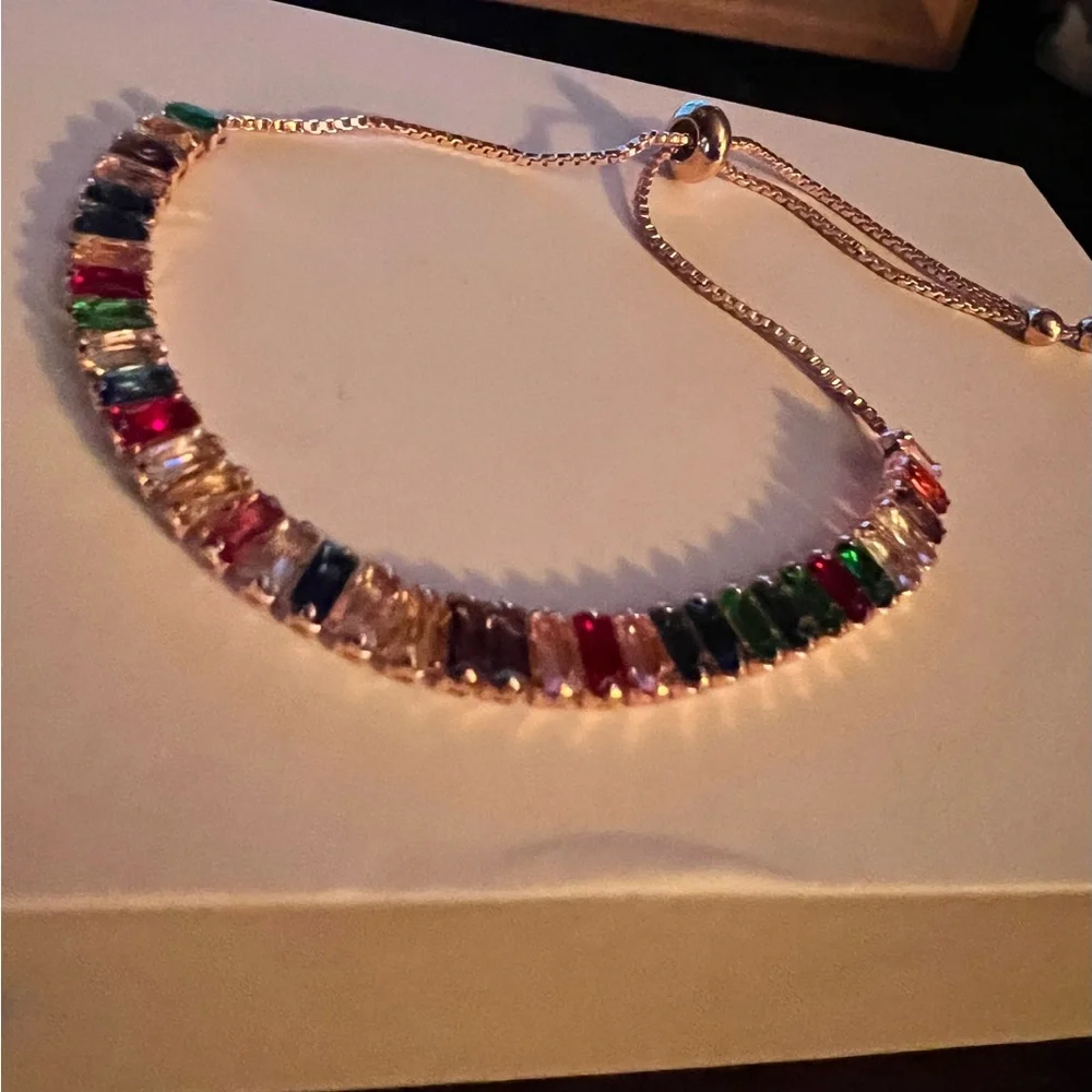 Multiple gemstones adjustable bracelet gold tone‎